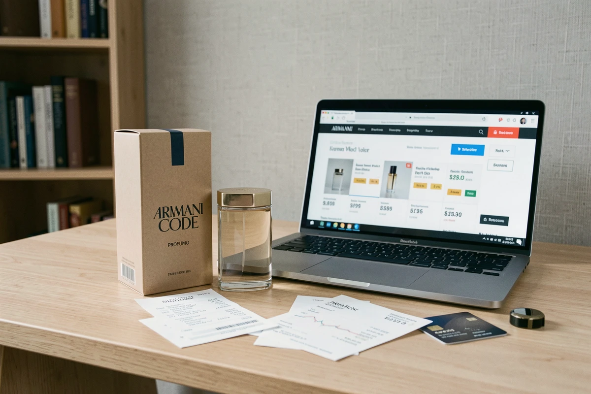 Flacon et boîte Armani Code Profumo sur bureau avec comparateur de prix en ligne, achat parfum pas cher 2026