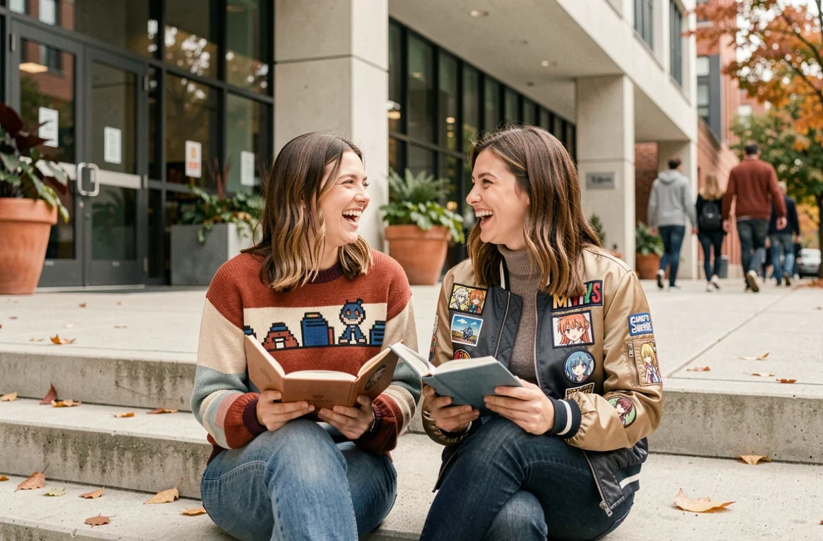 Deux jeunes femmes au style geek chic assises sur des marches de bibliothèque urbaine avec livres et vestes personnalisées