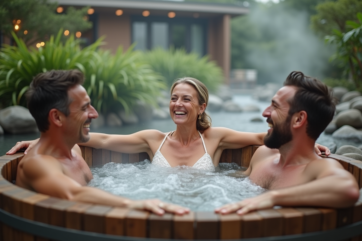 Trois amis riant dans un bain en plein air entouré de nature