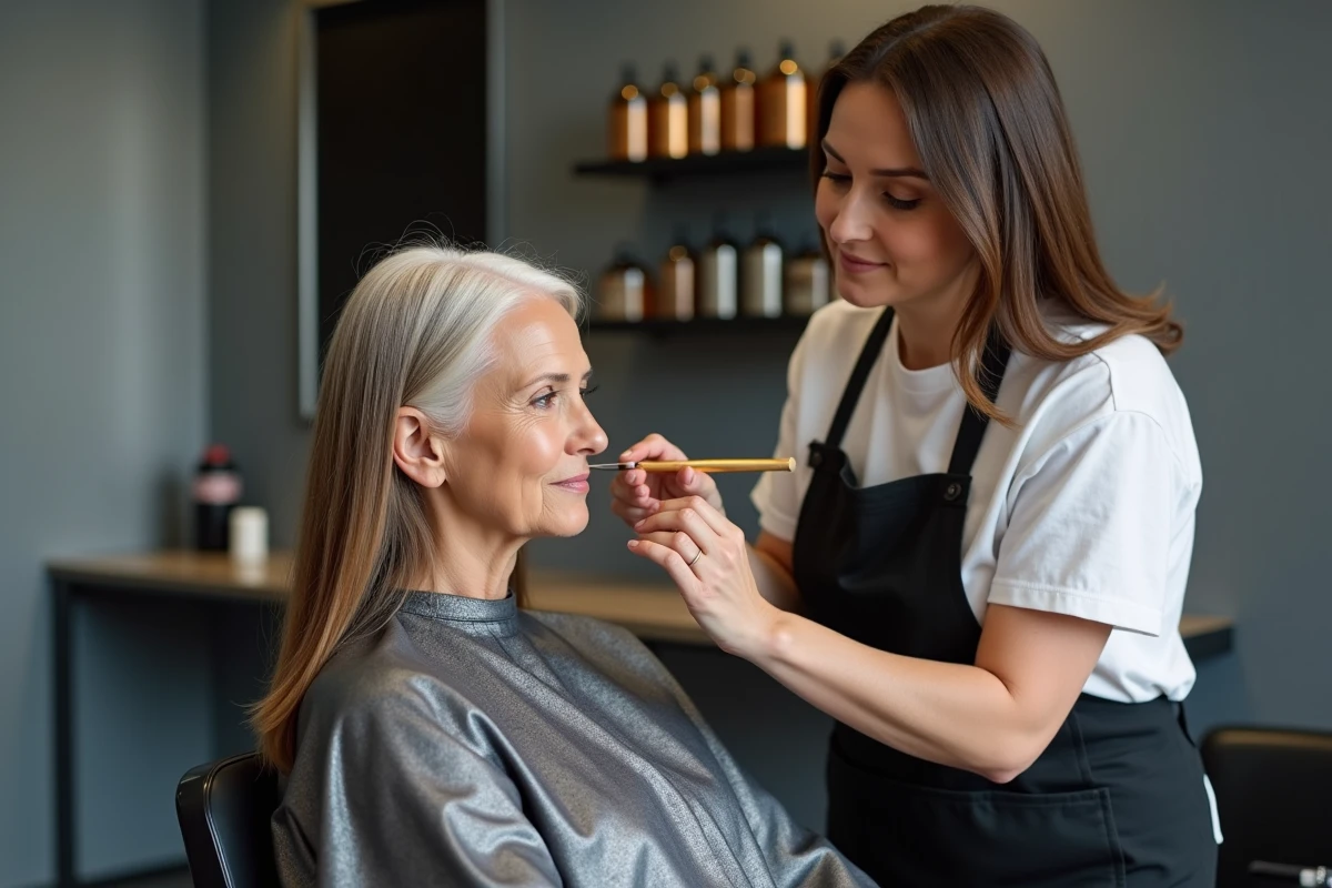 Coiffeuse appliquant un balayage à la main sur une cliente aux cheveux bruns avec racines blanches pour un résultat sans démarcation visible