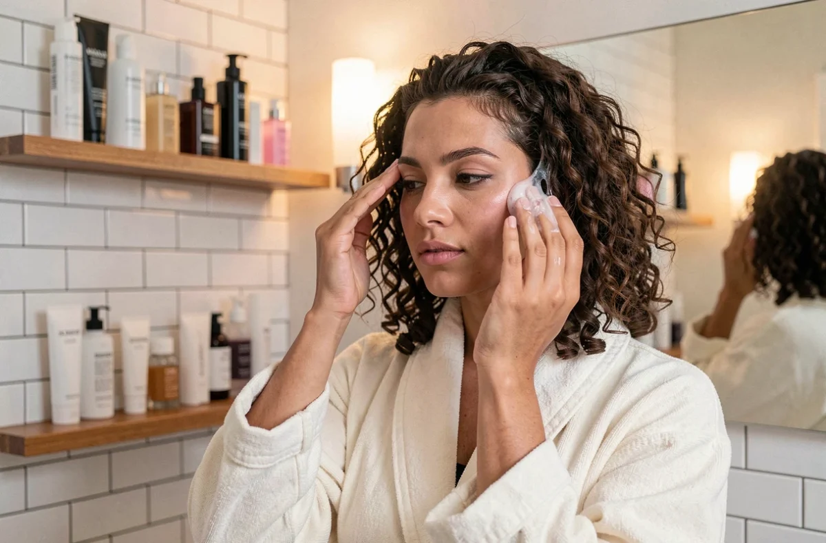 Femme appliquant du gel en poudre sur cheveux bouclés dans une salle de bain moderne