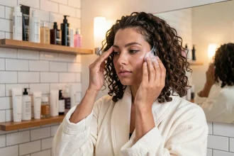 Femme appliquant du gel en poudre sur cheveux bouclés dans une salle de bain moderne