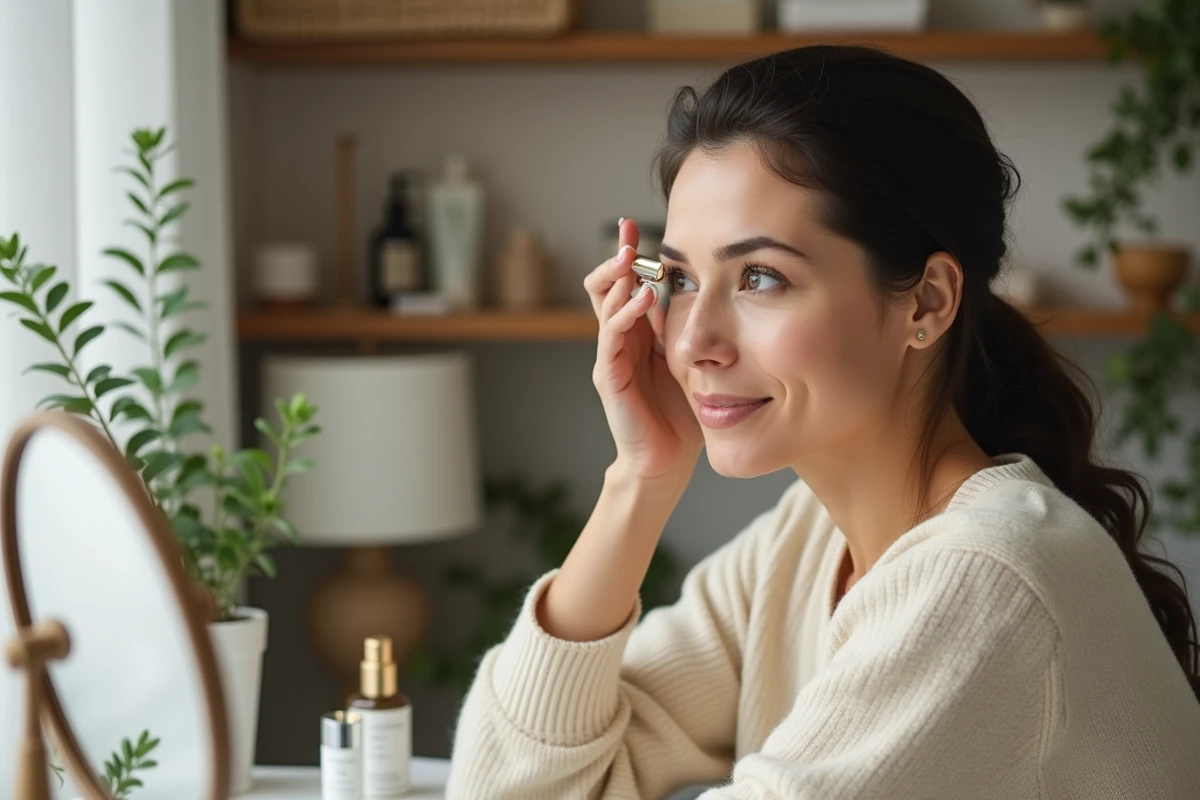 Femme appliquant un gel contour des yeux avec un rouleau froid devant un miroir pour atténuer les poches