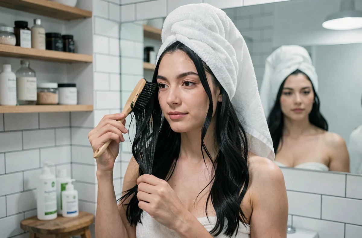 Femme appliquant un masque henné nourrissant sur cheveux noirs dans une salle de bain minimaliste avec produits capillaires écologiques