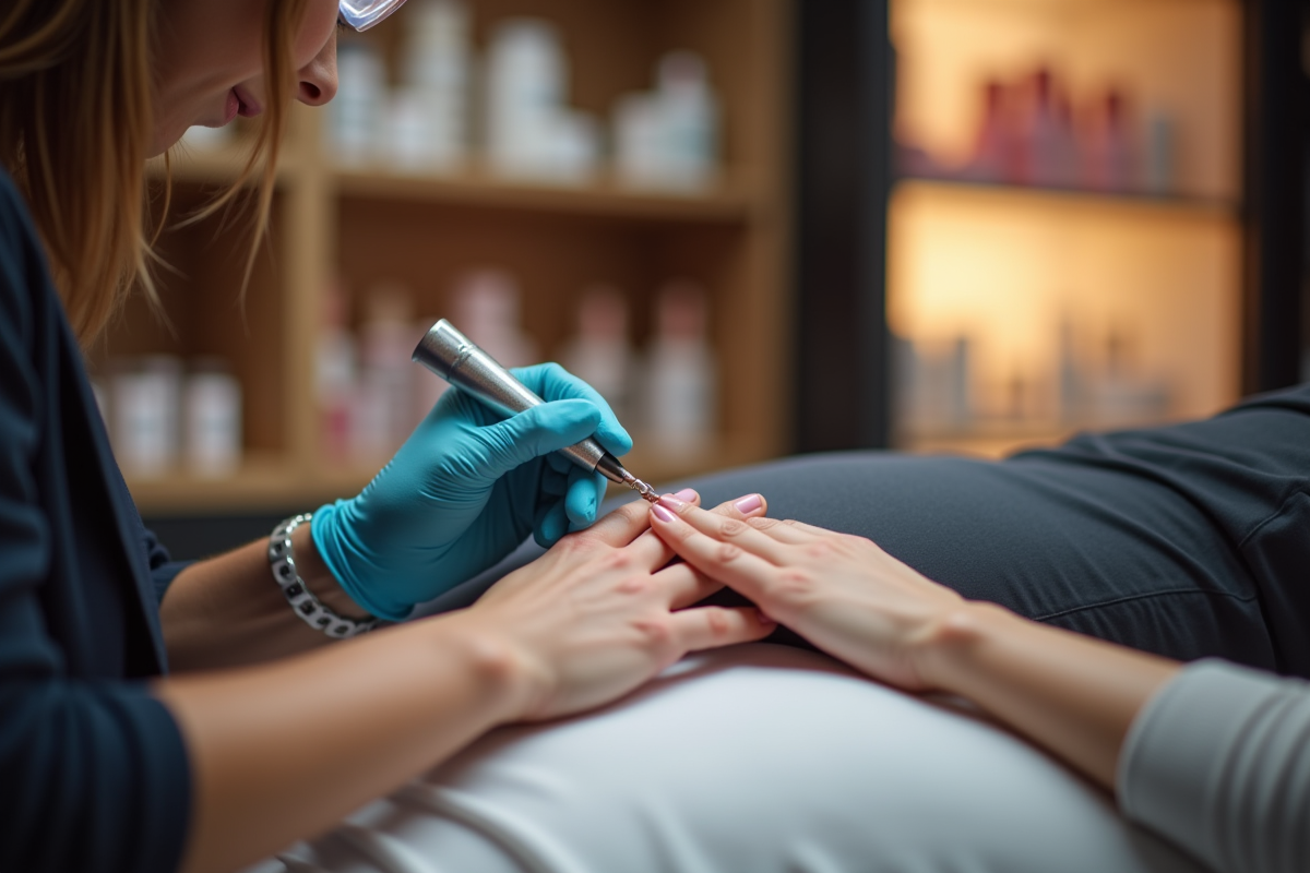 Technicien appliquant des ongles en acrylique dans un salon moderne
