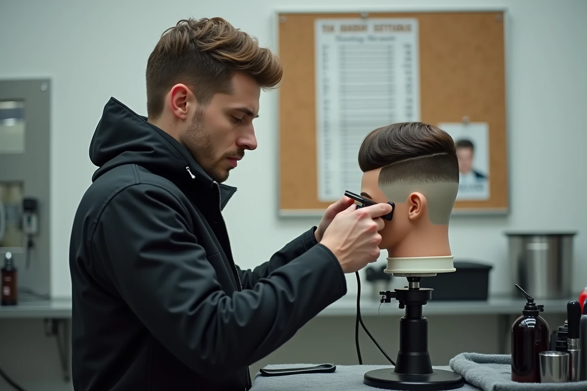 Étudiant barbier débutant pratiquant un dégradé blanc sur une tête mannequin en école de coiffure
