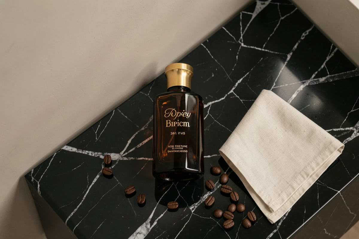 Flacon Armani Code Profumo posé sur marbre noir avec grains de café et pochette lin crème, style flat lay luxe