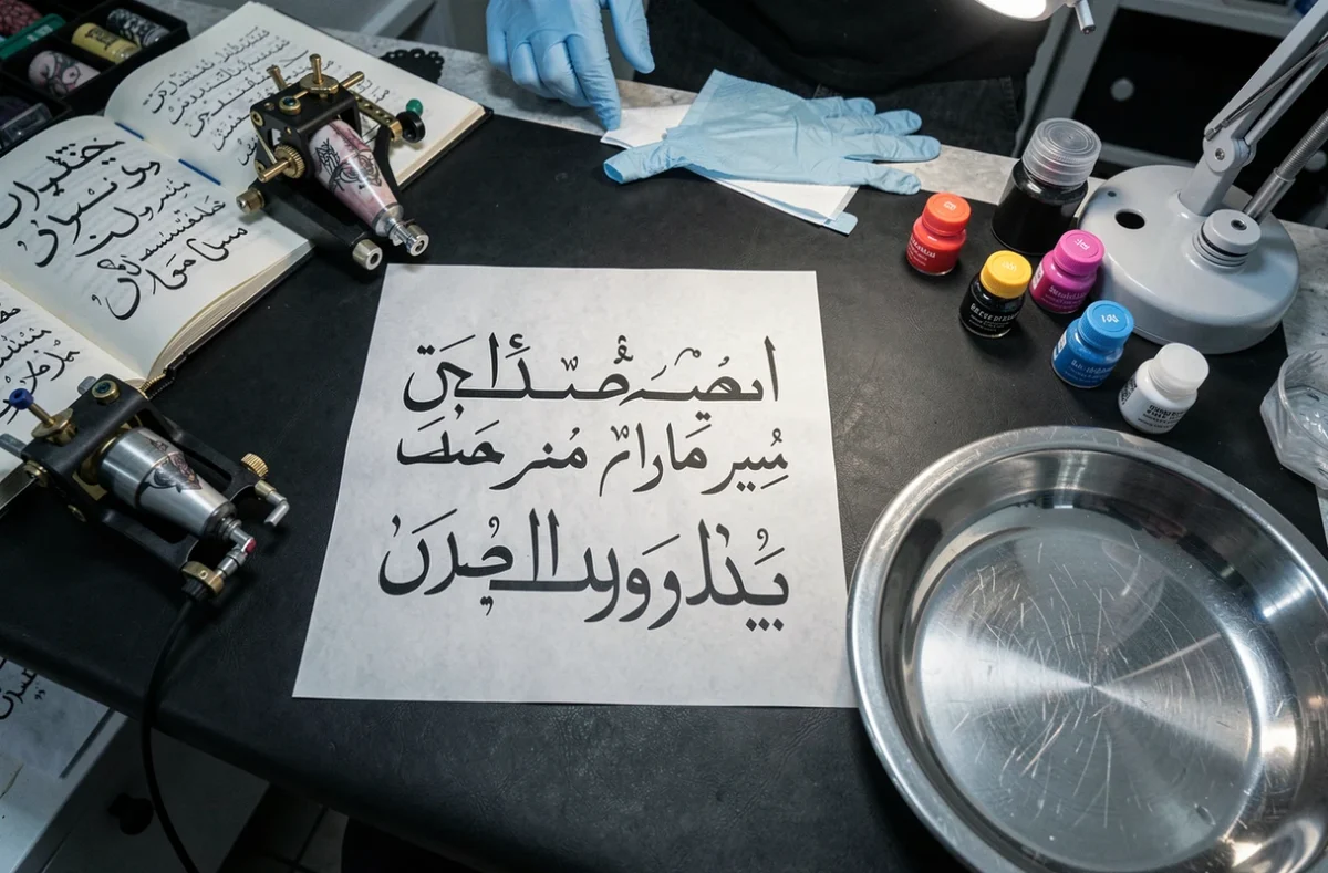 Atelier de tatoueur avec des pochoirs de prénoms en arabe et en lettres latines sur un plan de travail