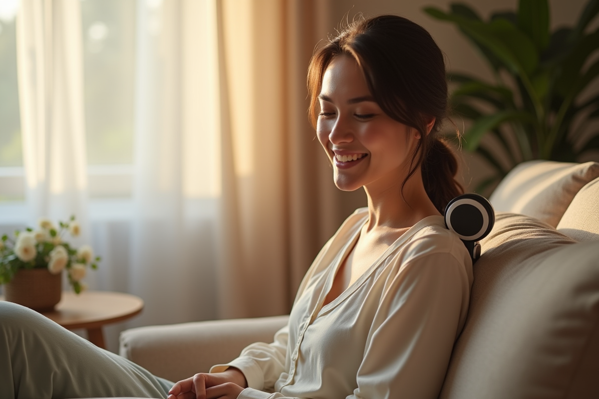 Personne se massant les épaules chez soi ambiance cocooning