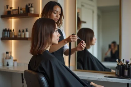 Femme en consultation chez une coiffeuse professionnelle avant la pose d'extensions de cheveux dans un salon moderne
