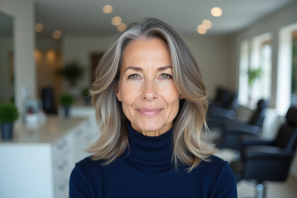 Femme de 70 ans en salon de coiffure avec un balayage cendré discret sur cheveux mi-longs gris