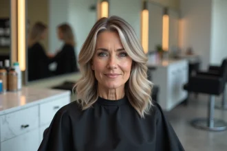 Femme de 45 ans avec un balayage caramel et cendré camouflant les cheveux blancs sans effet racine visible dans un salon moderne
