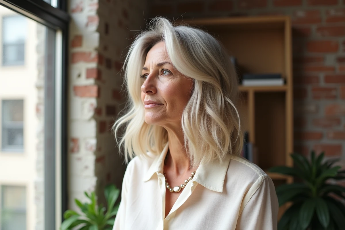 Femme d'une cinquantaine d'années avec balayage ash blonde fondu sur cheveux blancs sans démarcation à la racine, dans un appartement urbain