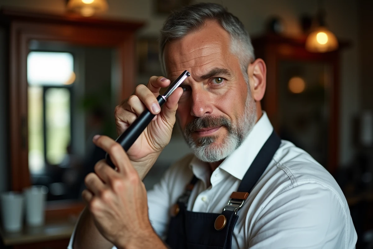 Barbier expérimenté inspectant de près un rasoir droit en acier carbone dans un salon de coiffure vintage, geste professionnel mettant en valeur la qualité de la lame