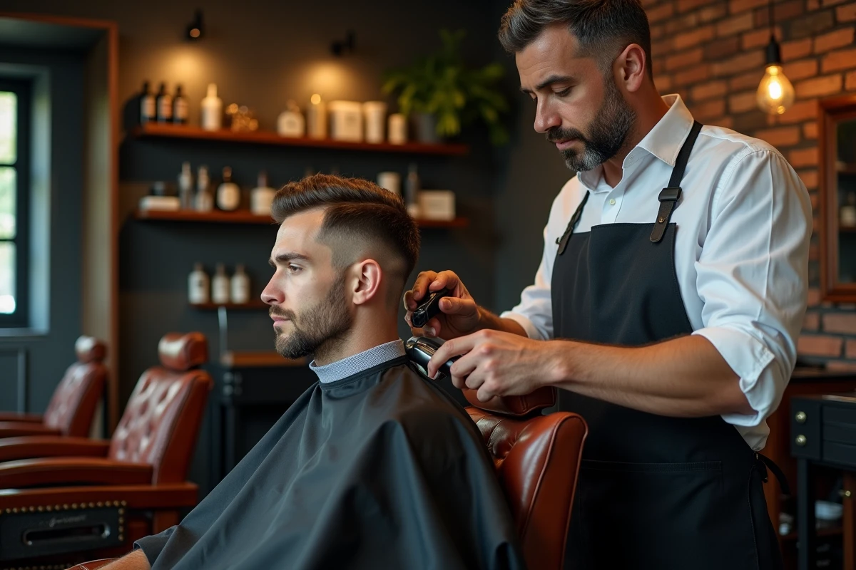Barbier professionnel réalisant un dégradé précis sur un client dans un salon de coiffure moderne et élégant à Lille