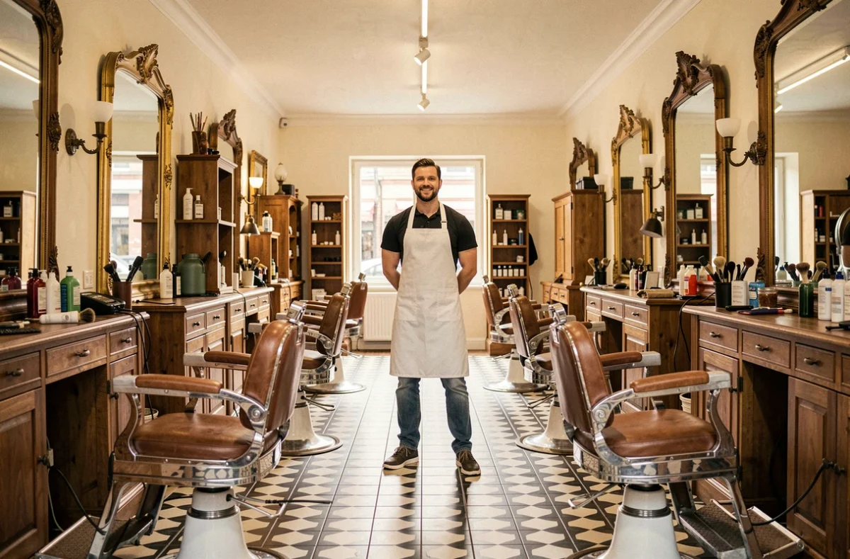 Intérieur d'un salon de barbier traditionnel dans les Hauts-de-France avec fauteuils vintage et miroirs anciens