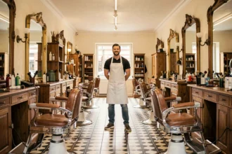 Intérieur d'un salon de barbier traditionnel dans les Hauts-de-France avec fauteuils vintage et miroirs anciens