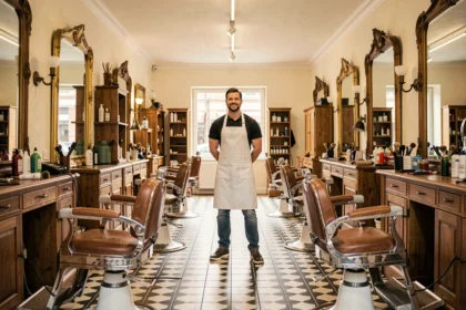 Intérieur d'un salon de barbier traditionnel dans les Hauts-de-France avec fauteuils vintage et miroirs anciens