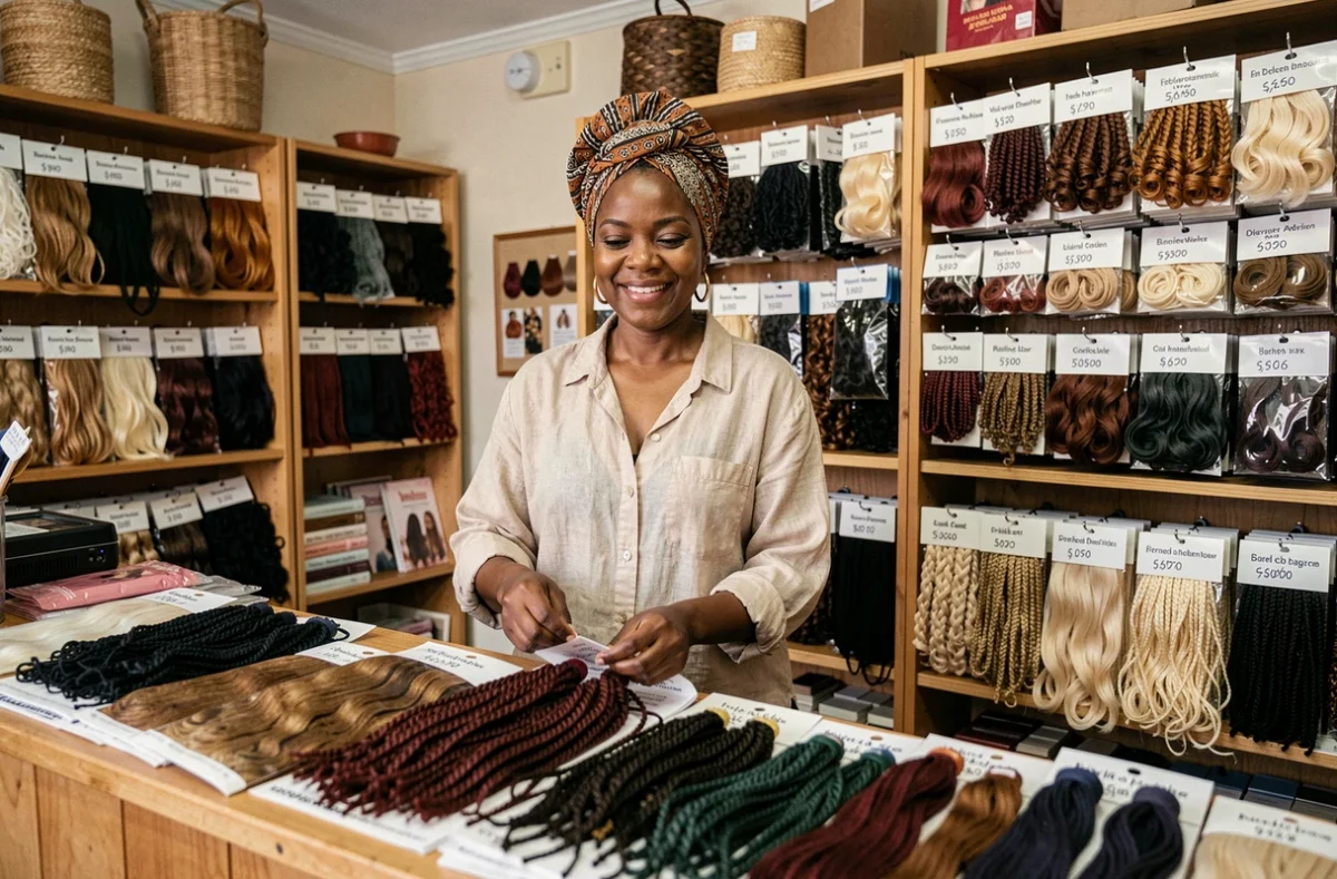 Commerçante africaine organisant des mèches afro et tresses dans sa boutique abordable