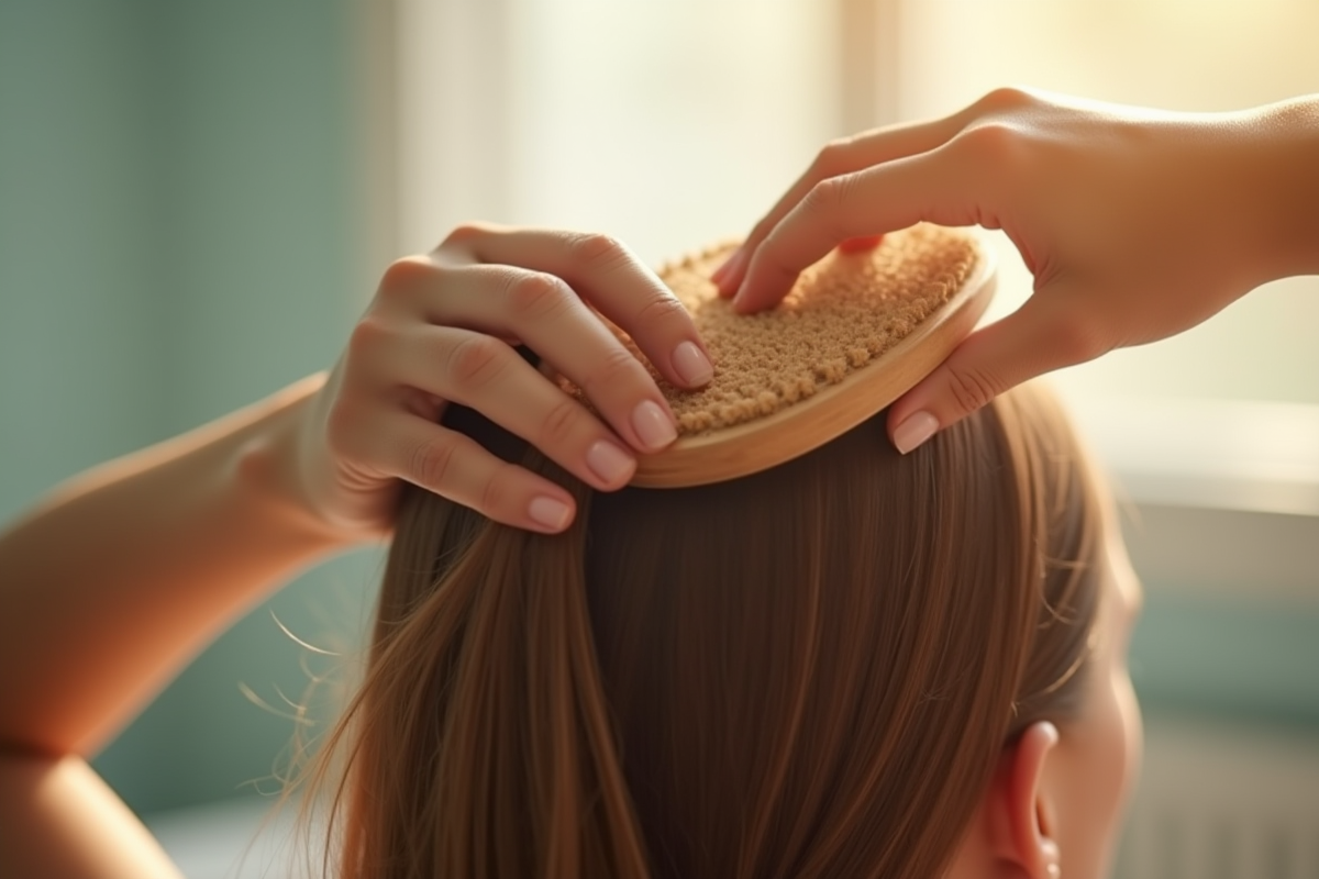 Mains tenant une brosse à cheveux en bois sur le cuir chevelu