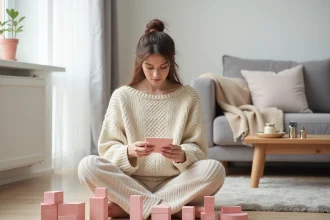 Jeune femme examinant les produits d'un calendrier de l'avent beauté YesStyle posés sur un parquet en bois clair