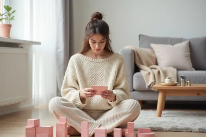 Jeune femme examinant les produits d'un calendrier de l'avent beauté YesStyle posés sur un parquet en bois clair