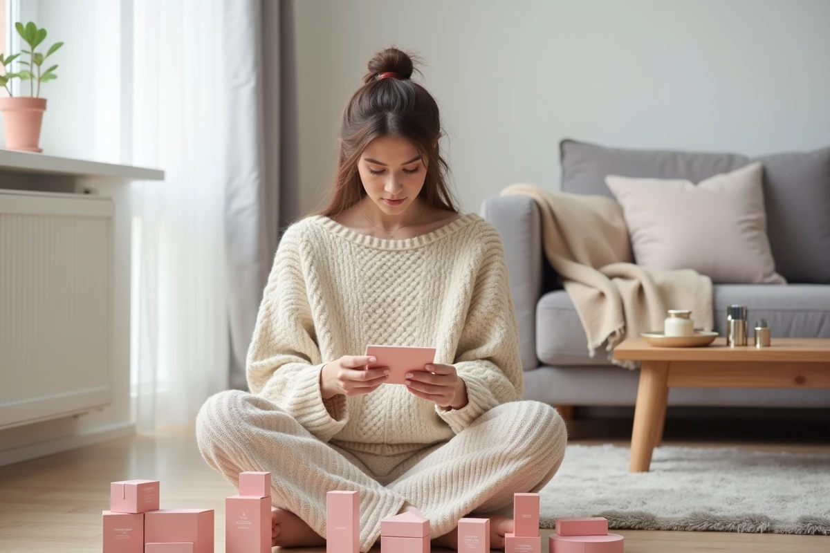 Jeune femme examinant les produits d'un calendrier de l'avent beauté YesStyle posés sur un parquet en bois clair