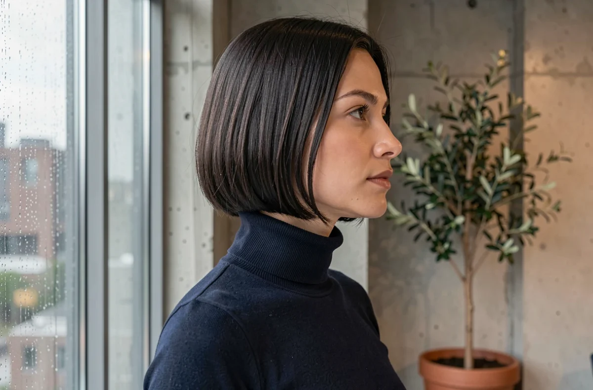 Portrait de profil d'une femme avec un carré flou et dégradé nuque, long cou mis en valeur, ambiance appartement urbain contemporain