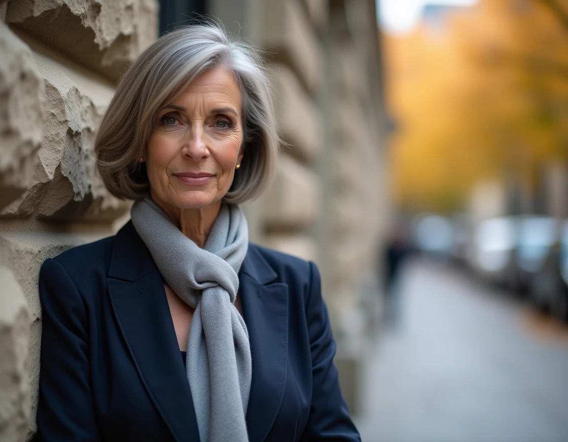 Femme de 62 ans avec un carré court et frange latérale en extérieur urbain, coupe rajeunissante pour visage rond
