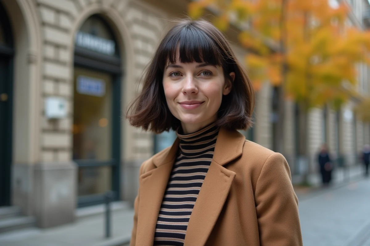Femme élégante avec un carré dégradé flou et cheveux fins en extérieur urbain en automne