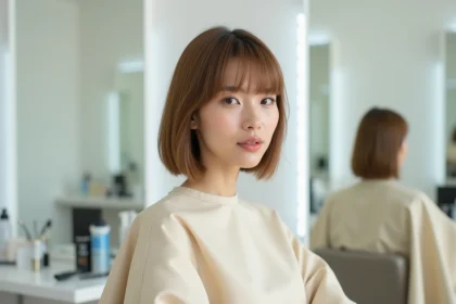 Femme aux cheveux fins avec une coupe carré dégradé lisse dans un salon de coiffure moderne