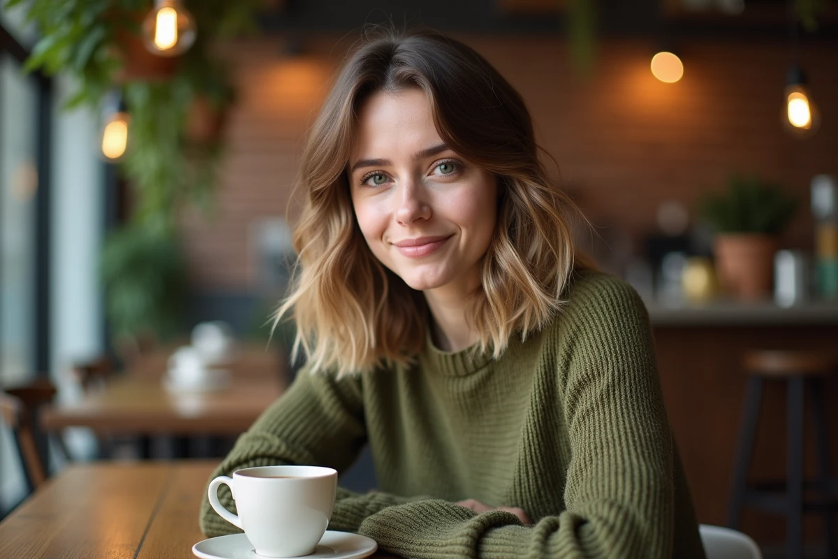 Jeune femme avec un carré dégradé wavy et cheveux fins dans un café chaleureux