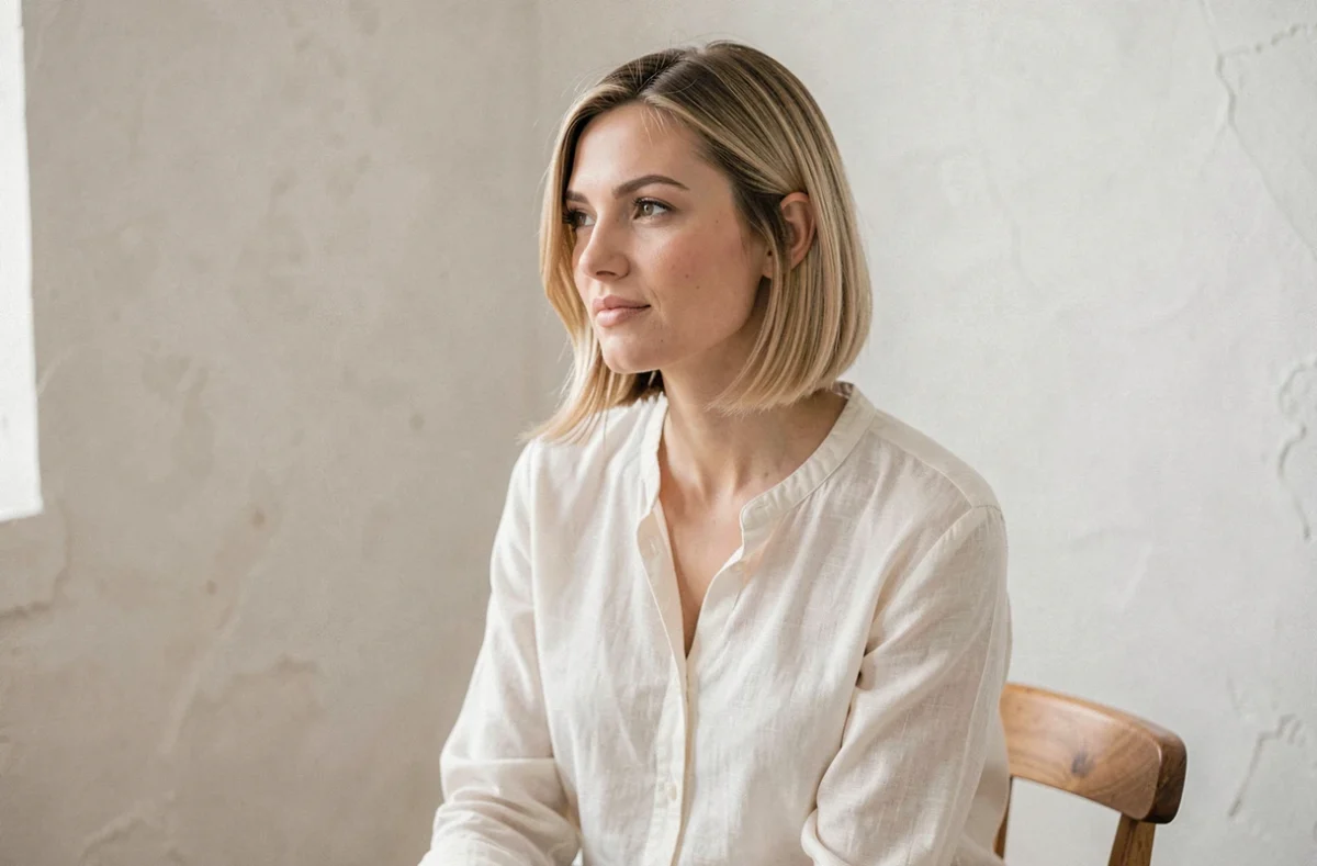 Femme aux cheveux courts en carré flou avec dégradé naturel, mettant en valeur un long cou élégant, style studio épuré