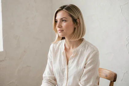 Femme aux cheveux courts en carré flou avec dégradé naturel, mettant en valeur un long cou élégant, style studio épuré