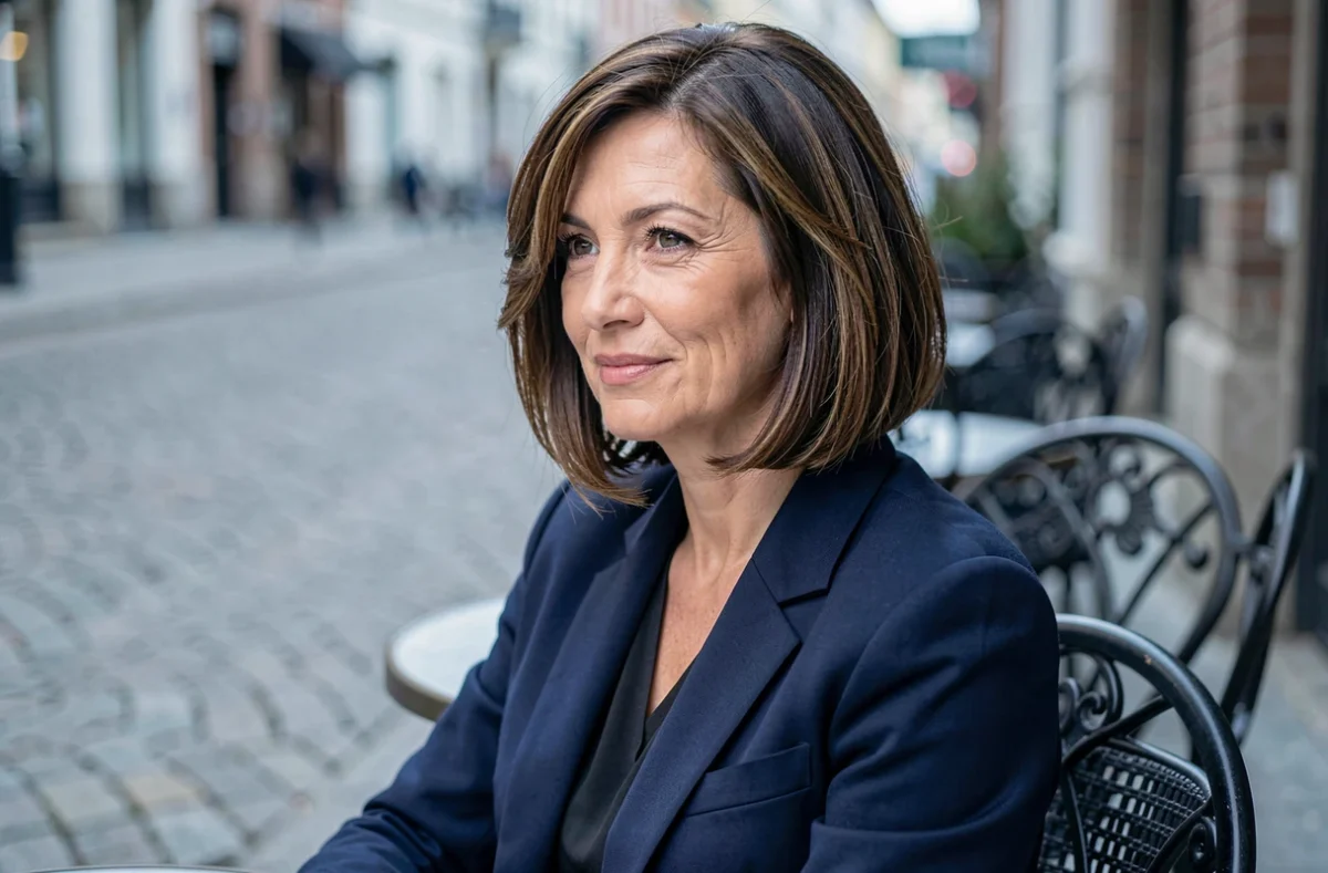Femme de 40 ans avec un carré long structuré qui allonge le visage, en blazer marine à une terrasse de café parisien