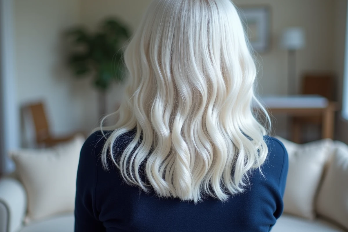 Gros plan sur des cheveux blancs et argentés sains et brillants sans reflets jaunes