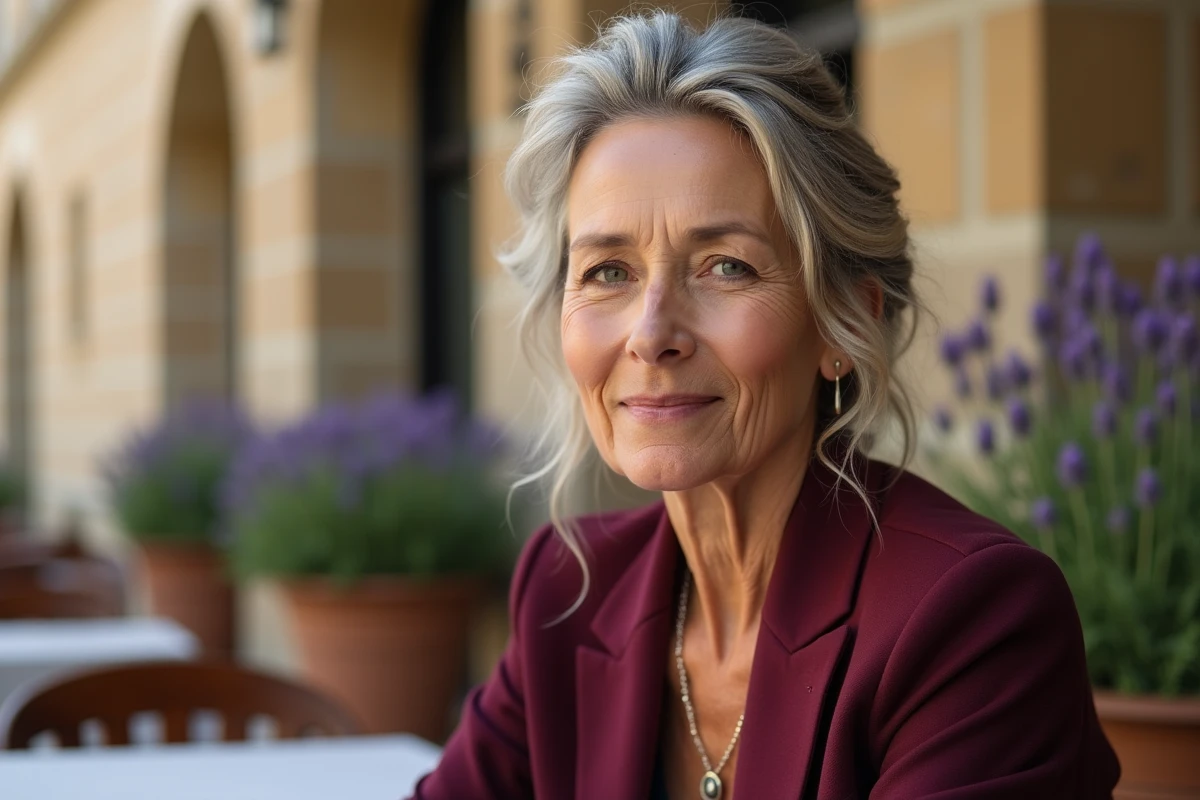 Femme de 72 ans en terrasse avec un chignon argenté et des reflets cuivrés discrets, style élégant