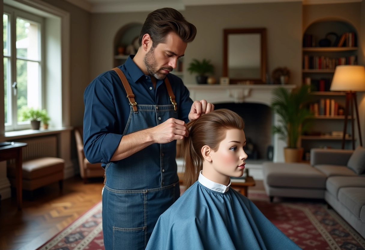 Homme coiffeur montrant la technique du carré dégradé