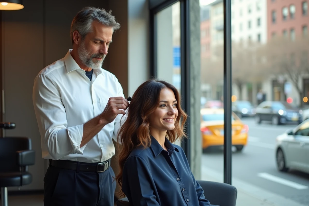 Coiffeur homme en action près d une fenêtre urbaine