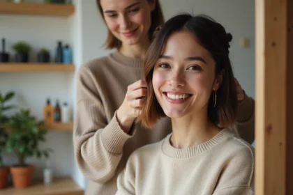 Femme souriante en coiffure avec tresse complexe