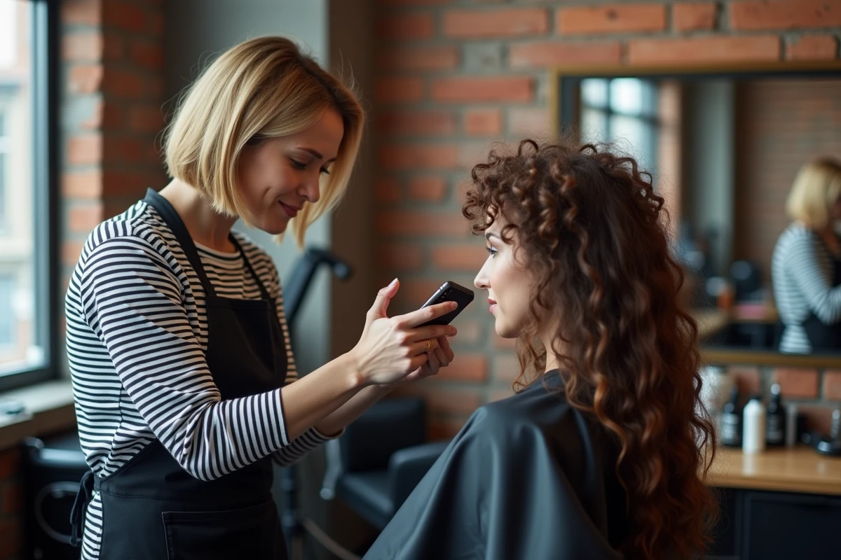 Coiffeuse montrant une simulation de coupe bouclée sur smartphone à sa cliente en salon