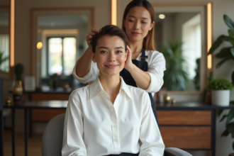 Femme élégante avec coupe couronne dans un salon moderne
