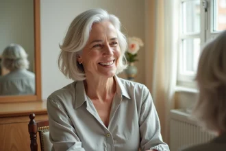 Femme de 70 ans avec un carré blanc et des mèches dorées discrètes, coiffure élégante et naturelle