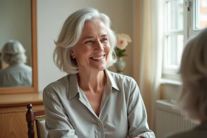 Femme de 70 ans avec un carré blanc et des mèches dorées discrètes, coiffure élégante et naturelle