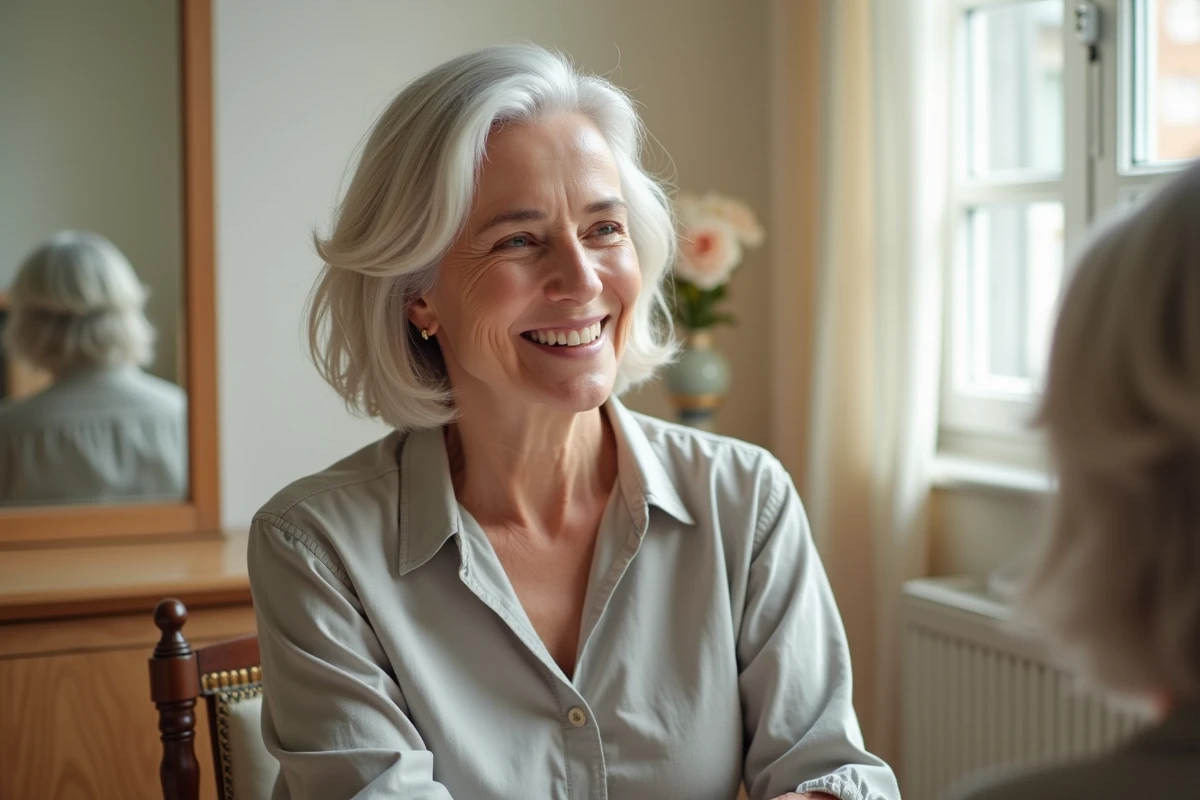 Femme de 70 ans avec un carré blanc et des mèches dorées discrètes, coiffure élégante et naturelle
