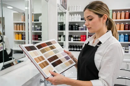 Coloriste professionnelle tenant un nuancier de couleurs cheveux avec des tons allant du brun foncé au blond platine dans un salon moderne