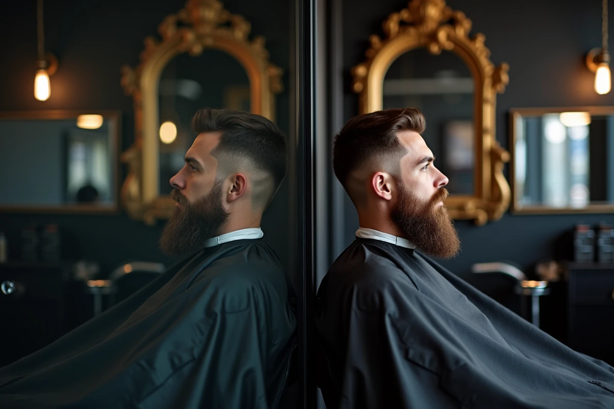 Comparaison visuelle entre un barbershop moderne de style VANITY et un salon de coiffure classique traditionnel dans un même cadre photographique