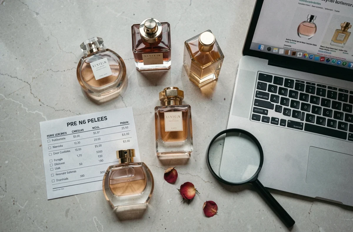 Vue à plat de flacons de parfum et outils pour comparer les prix avant achat sur un site de parfumerie