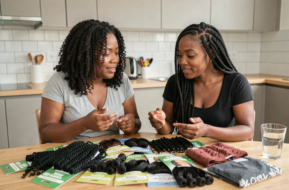 Deux femmes comparant des mèches afro et extensions de qualité à prix abordable à la maison