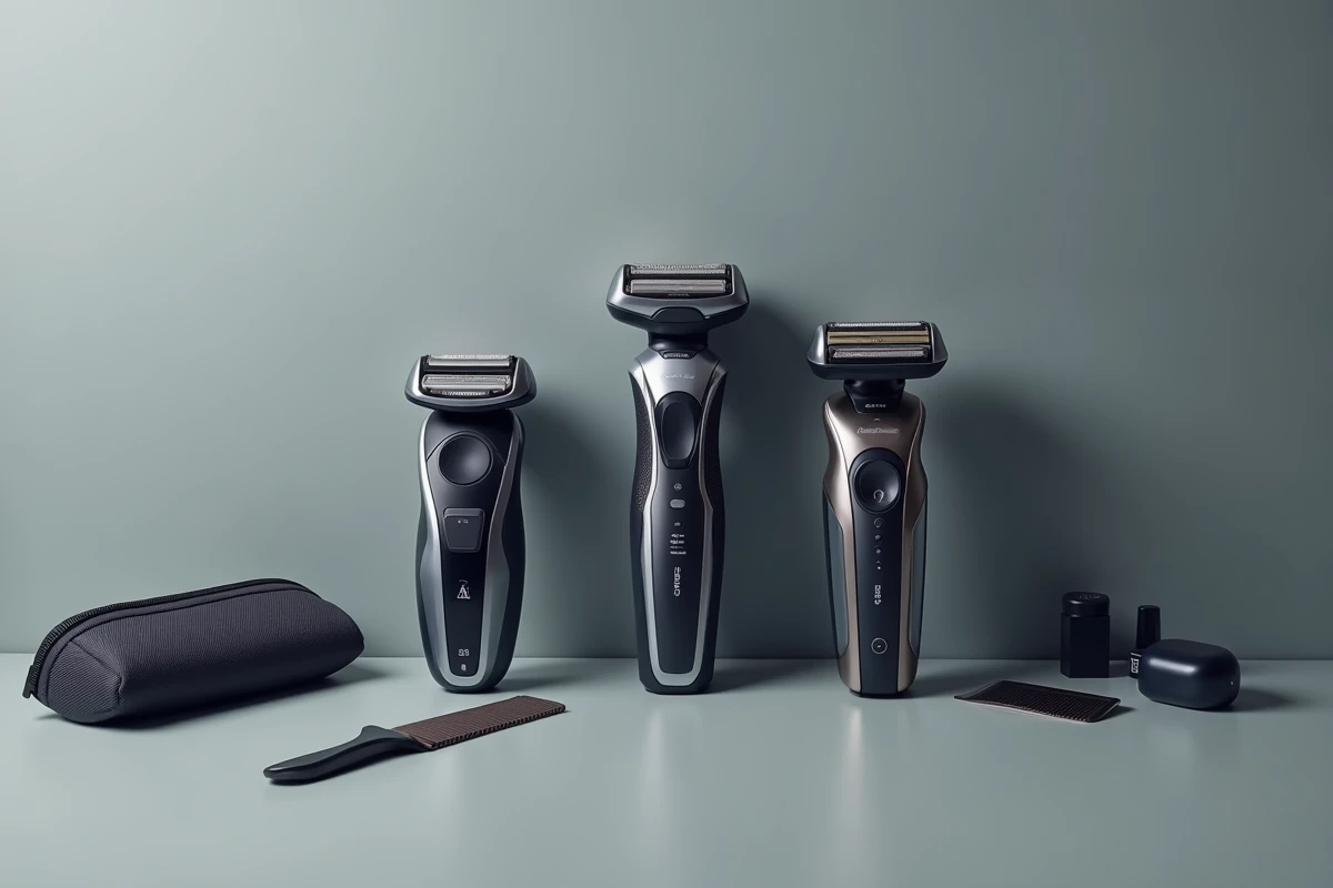 Comparatif de trois modèles de rasoirs électriques Gillette posés sur une surface grise mate